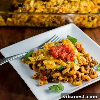 Taco Pasta Bake - Recipe Shot Close-up of baked Taco pasta bake with melted cheese
