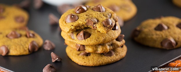 pumpkin chocolate chip cookies.jpg A stack of soft pumpkin chocolate chip cookies, beautifully garnished with a drizzle of icing or powdered sugar, ready for serving.