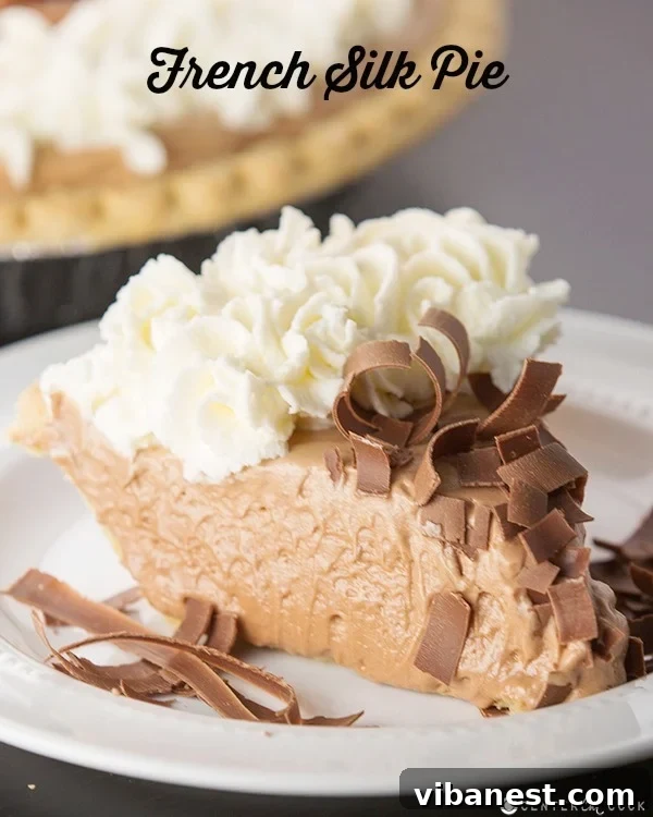 French Silk Pie Slice Close-up of a slice of French Silk Pie showing the smooth chocolate filling and whipped cream