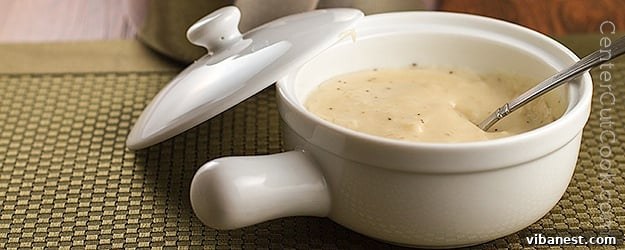cream of chicken soup.jpg Close-up of a bowl of creamy homemade chicken soup, ready to be used as a substitute.