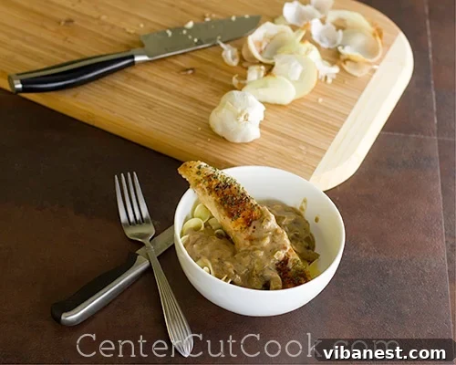 Chicken with Mushrooms and Balsamic Cream Sauce served with egg noodles in a bowl