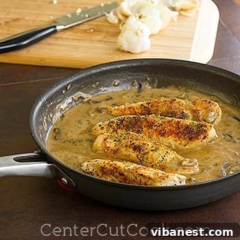 Individual serving of Chicken with Mushrooms and Light Balsamic Cream Sauce