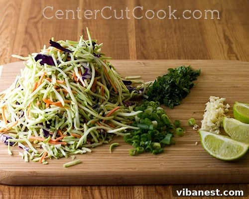 Essential Fresh Ingredients for a Delicious Noodle Bowl Fresh ingredients laid out for Chicken & Veggie Noodle Bowl, including broccoli slaw, green onions, garlic, and cilantro