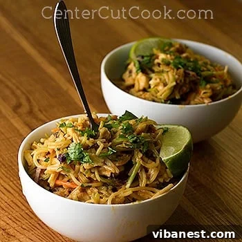 A freshly made Chicken & Veggie Noodle Bowl with Peanut Sauce, ready to be served