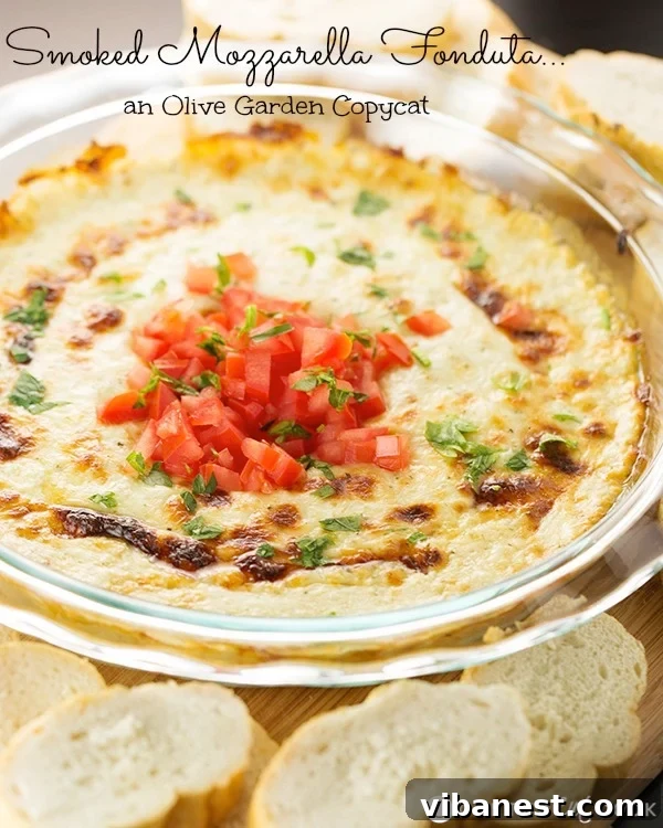 Smoked Mozzarella Fonduta, a cheesy baked appetizer. Golden-brown Smoked Mozzarella Fonduta in a baking dish, ready to serve with toasted bread.