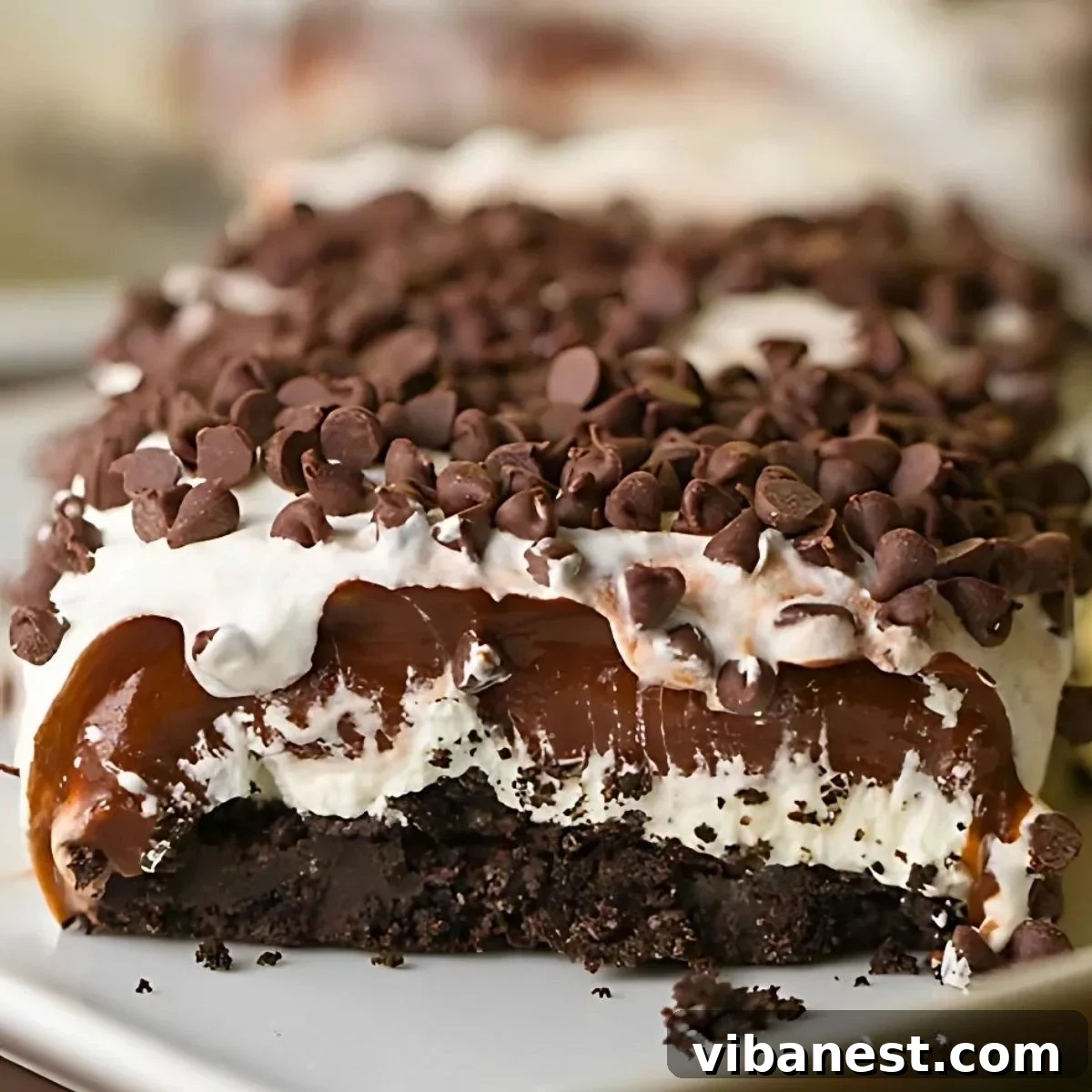 Decadent Chocolate Stack 2 Delicious no-bake chocolate lasagna dessert with an Oreo crust, layered with creamy pudding, cream cheese, and Cool Whip, garnished with chocolate shavings.
