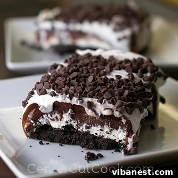 chocolate lasagna 2.jpg Overhead shot of a full pan of No-Bake Chocolate Lasagna, garnished with mini chocolate chips.
