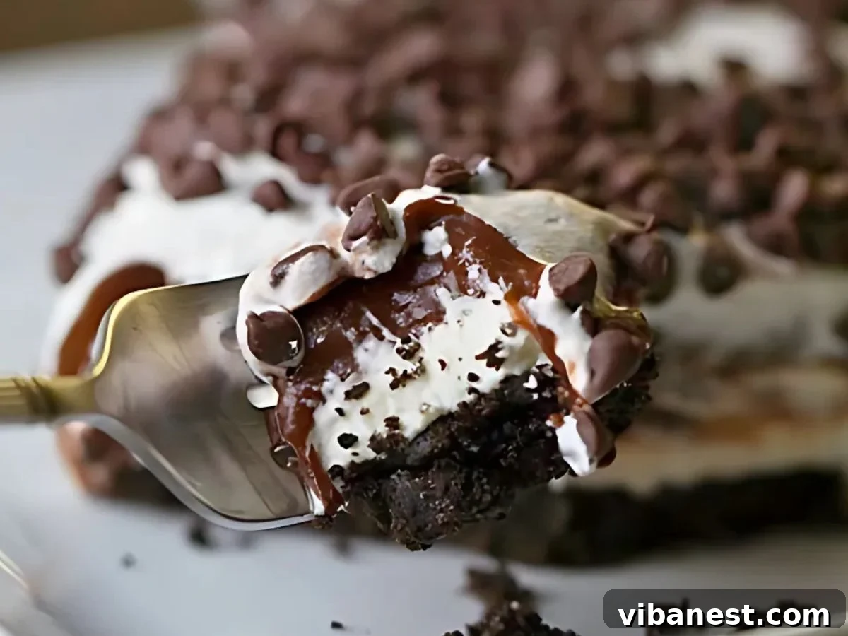 Decadent Chocolate Stack 4 Easy no-bake chocolate lasagna dessert in a large pan, beautifully topped with mini chocolate chips.