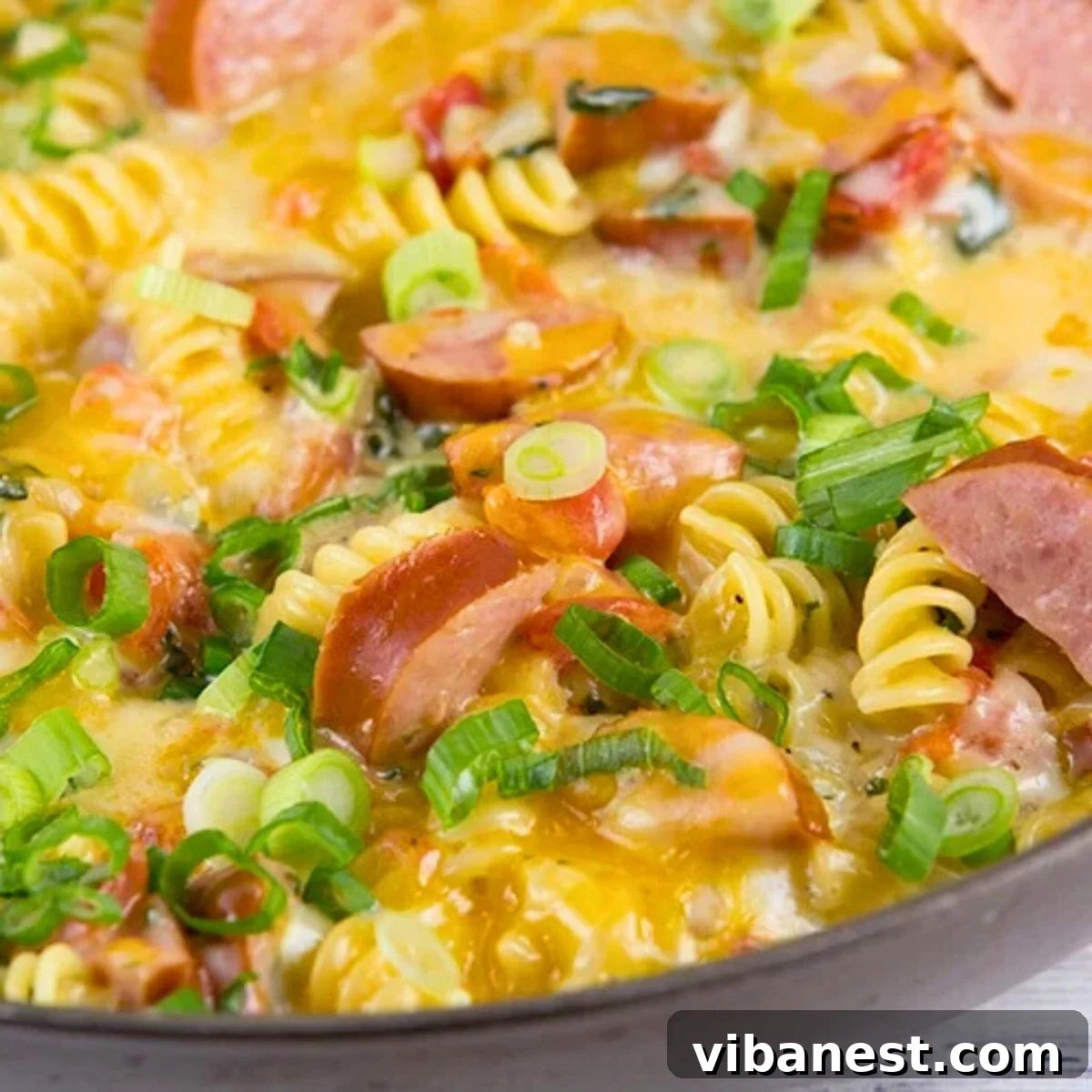 Sizzling Skillet Sausage Delight 2 Delicious one-pan spicy sausage skillet, ready to be served