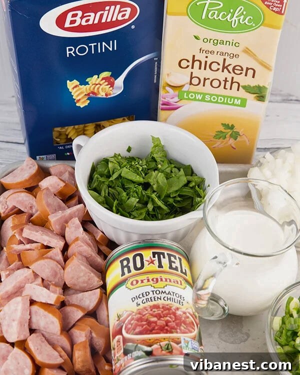 Sizzling Skillet Sausage Delight 4 Collection of fresh ingredients for one-pan spicy sausage skillet