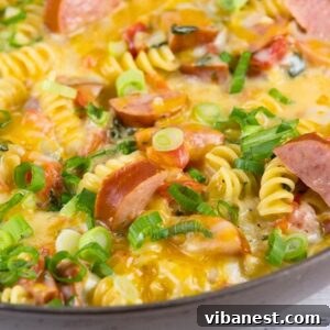 One-pan spicy sausage skillet with pasta and cheese