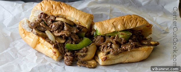 philly cheesesteak sandwiches.jpg A final close-up of a delicious homemade Philly Cheesesteak Sandwich, cut in half