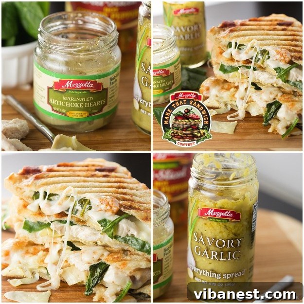 Essential ingredients for a perfect Spinach Artichoke Panini Assortment of fresh ingredients for Spinach Artichoke Panini, including Mezzetta products