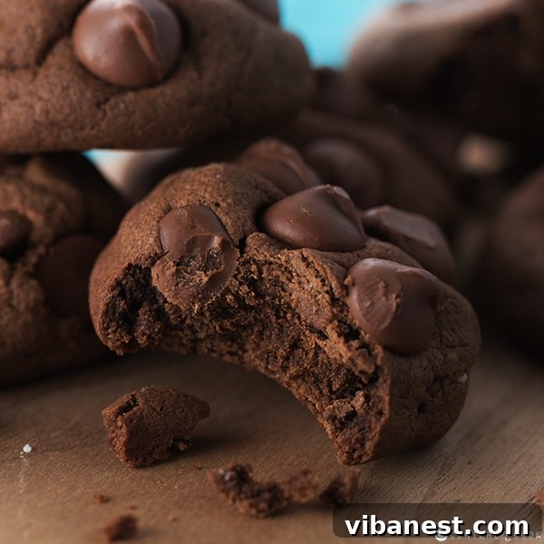A batch of Double Chocolate Chip Pudding Cookies cooling on a wire rack, glistening with melted chocolate