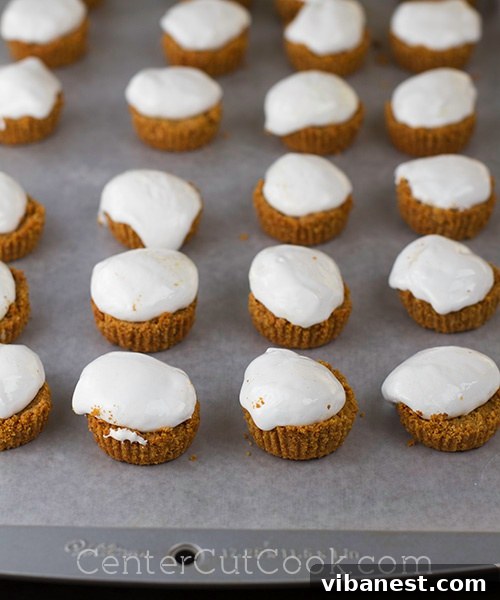 Applying gooey marshmallow creme to each S'mores bite. Peanut butter smores bites 4