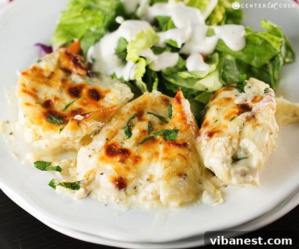 Cheesy Chicken Alfredo Stuffed Shells Close up shot of cheesy chicken alfredo stuffed shells