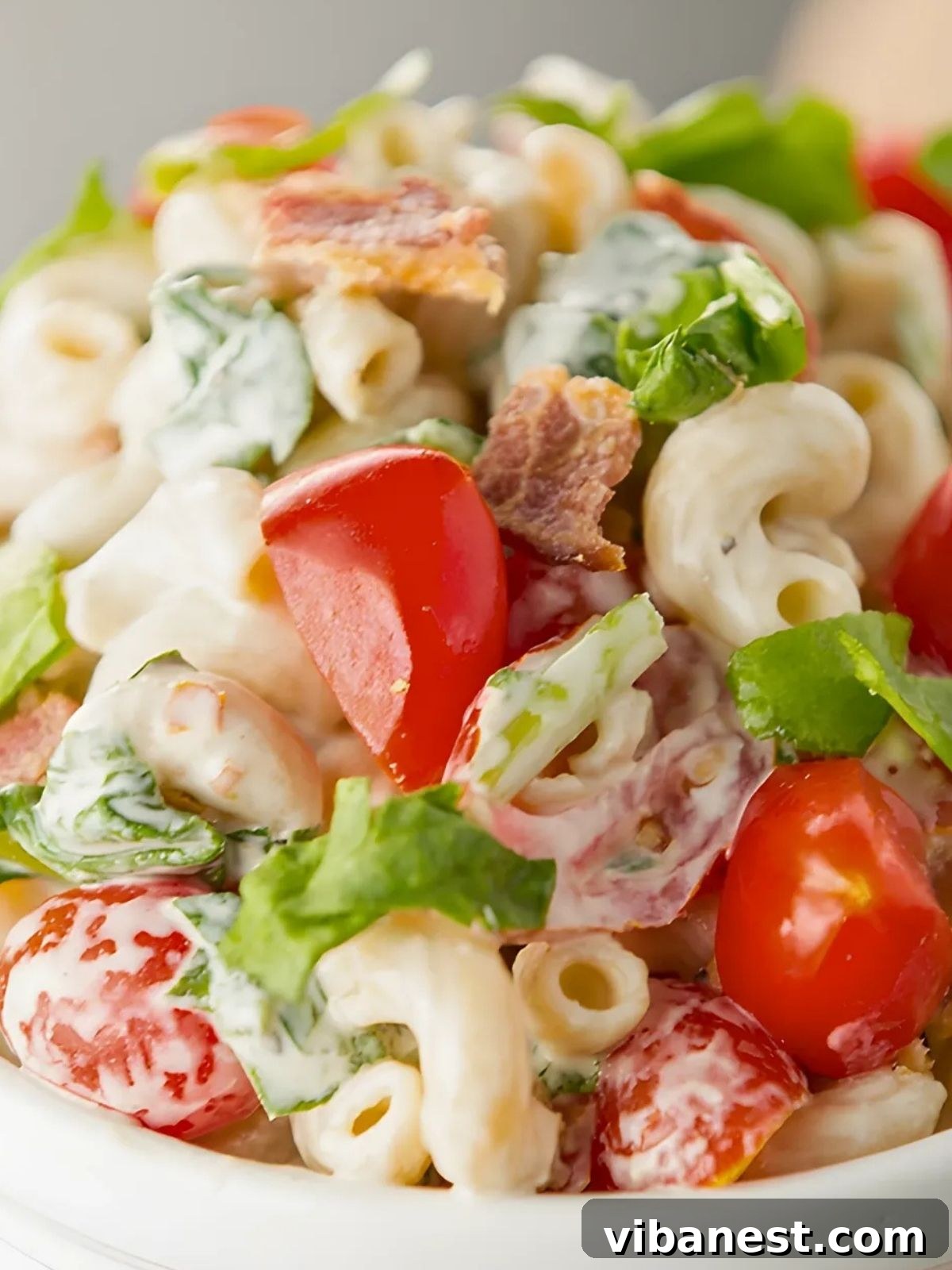 Smoky BLT Pasta Salad 5 Close-up shot of creamy BLT pasta salad garnished with fresh herbs, showcasing the vibrant colors and textures, ready to be served.