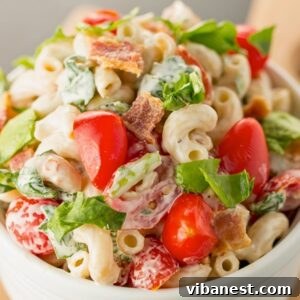 BLT pasta salad served in a bowl, perfect for a summer picnic or light dinner.