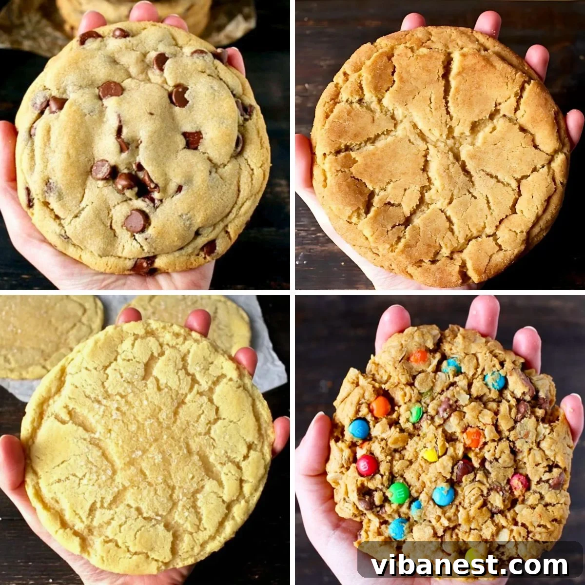 Bakery-Style Giants: Four Must-Try Cookie Recipes 2 A selection of four giant bakery-style cookies: chocolate chip, snickerdoodle, sugar, and monster, artfully arranged on a cooling rack.