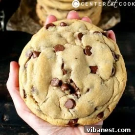 A close-up shot of a perfectly baked jumbo chocolate chip cookie, showing its golden edges and an abundance of chocolate chips.