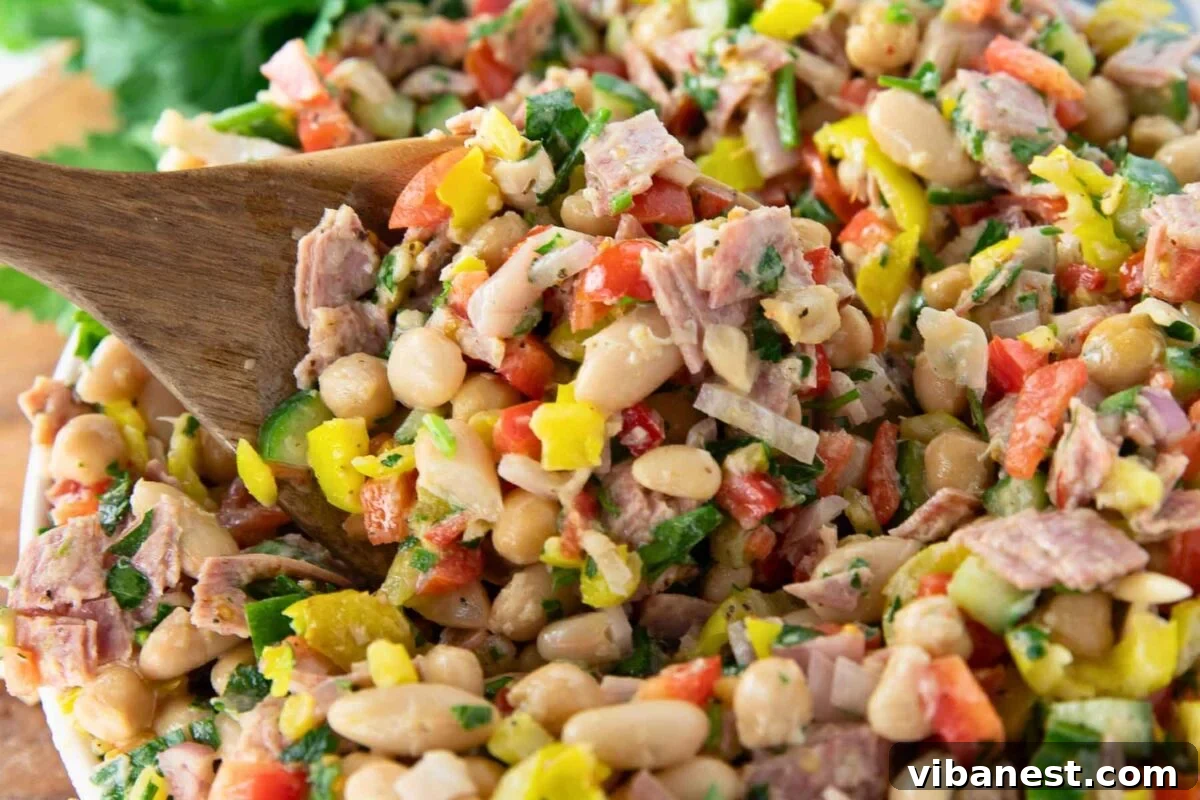 Hearty Italian Bean Salad with Herbs and Vinaigrette 2 Italian dense bean salad with chickpeas, cannellini beans, salami and vegetables.