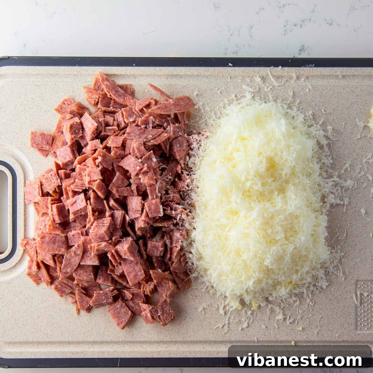 Hearty Italian Bean Salad with Herbs and Vinaigrette 7 chopped salami and finely shredded parmesan cheese for dense bean salad.