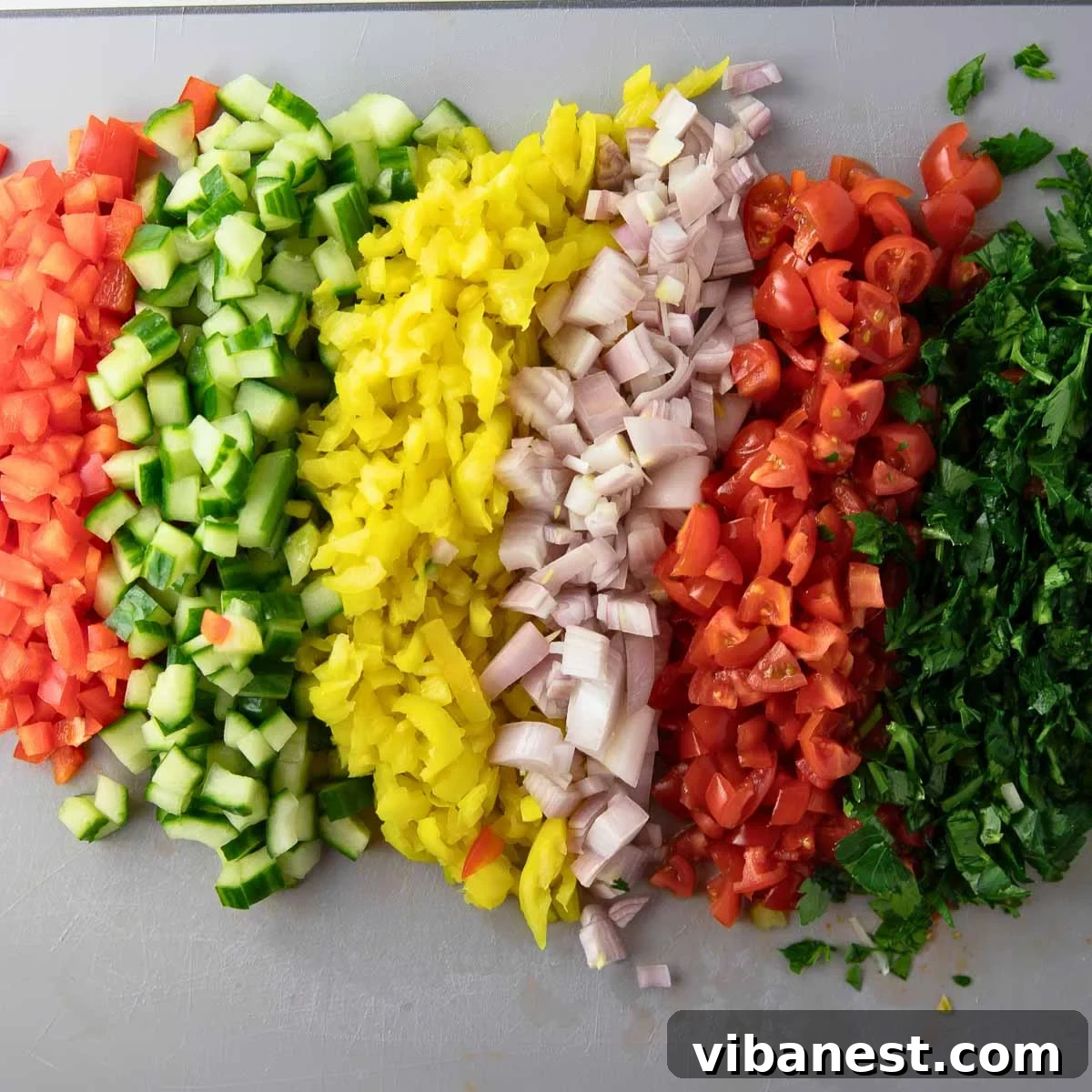 Hearty Italian Bean Salad with Herbs and Vinaigrette 8 chopped cucumber, tomatoes, red bell pepper, shallot and parsley for Italian dense bean salad.